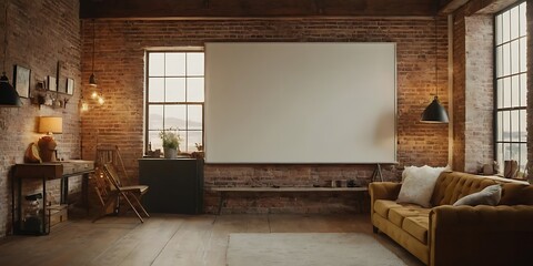 Industrial living room with brick wall and single frame mockup,Contemporary home office interior background poster template,Blank poster frame on the living room wall,