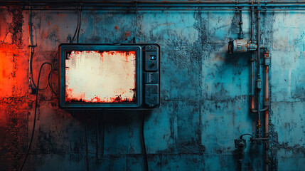 A retro television with a cracked screen is mounted on a rusty industrial wall with exposed pipes glowing in red and blue cyberpunk tones  
