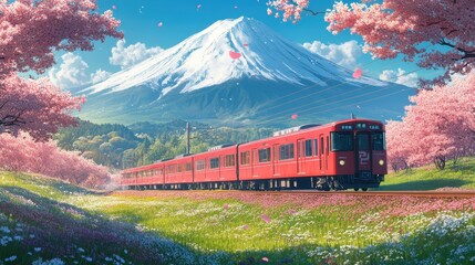 Cherry blossom with Red train in spring in Japan or Korea is the popular view spot,Illustration of Japanese spring,Panorama travel,tour advertising of world famous landmarks of Japan,autumn season.