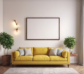 Fototapeta premium Mockup room for poster or painting in modern interior, Photo Frame Mockup,Scandinavian Style Beige Living Room and Dining Room with a Sofa and Empty Mock Up Picture Frame,1645