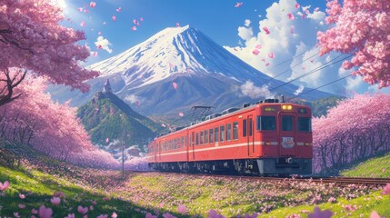 Cherry blossom with Red train in spring in Japan or Korea is the popular view spot,Illustration of Japanese spring,Panorama travel,tour advertising of world famous landmarks of Japan,autumn season.