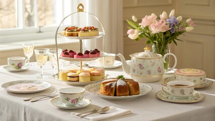 Elegant easter afternoon tea table featuring a delightful assortment of pastries, teas, and floral arrangements
