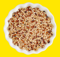A decorative white bowl filled with colorful quinoa grains, isolated on a vibrant yellow background, ideal for healthy eating and food concepts.