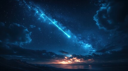 Bright blue sky with a single shooting comet streaking across the horizon during nighttime