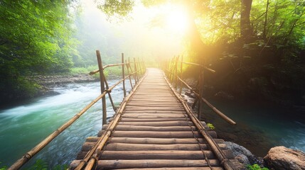Serene Bamboo Bridge Over a Misty River in a Lush Forest