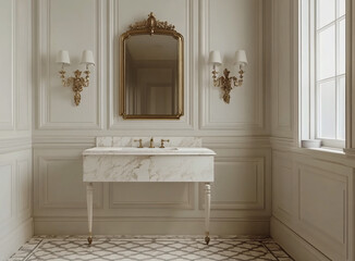 elegant white and gold bathroom vanity with marble countertop and ornate mirror