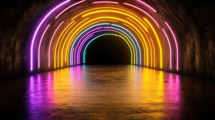 Fototapeta premium Colorful Neon Light Tunnel with Vibrant Reflections in a Dark Setting