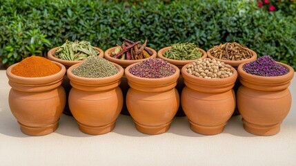 Colorful Variety of Spices and Herbs in Traditional Earthen Jars Arranged on Outdoor Surface