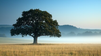 Fototapeta premium Solitary Oak Tree in a Misty Field