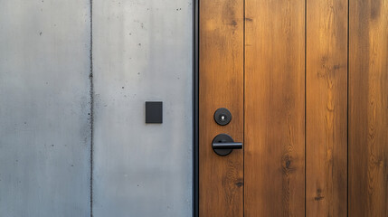 Fototapeta premium Wooden door on empty wall background. Vector realistic illustration of modern room interior design, light brown doorway with black doorknob, home, office, shop corridor, classic architecture template