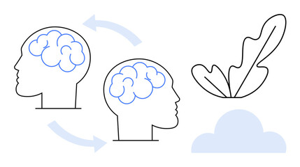 Two outlined heads with brain patterns connected by arrows, alongside a leaf and cloud. Ideal for creativity, brainstorming, idea generation, mental health, innovation, cognitive science, abstract