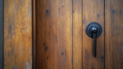 Fototapeta premium Wooden door on empty wall background. Vector realistic illustration of modern room interior design, light brown doorway with black doorknob, home, office, shop corridor, classic architecture template