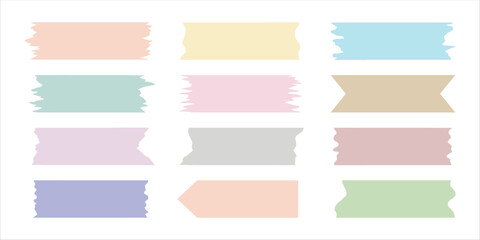 Set of colorful washi tape on a white background. Illustration of a piece of torn Washi tape for sticky notes in vector form