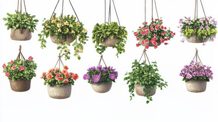House plants in hanging pots, planters in macrame hangers. Vector cartoon set of flowers in handmade holders from rope for home interior decoration isolated on white background