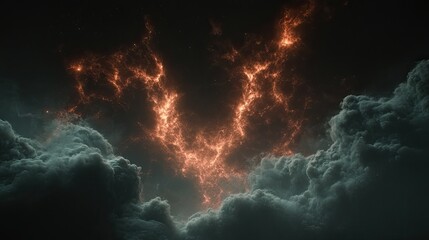 Fototapeta premium Dramatic Fiery Glow Emanating from Clouds Against Dark Cosmic Sky