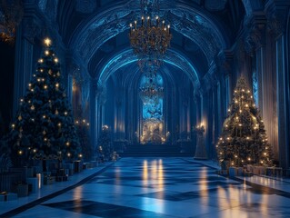 Obraz premium regal ballroom with christmas trees, reflective floor, dark blue and gold