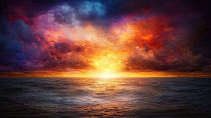 Obraz premium Dramatic Sunset Over the Ocean with Vibrant Colors and Cloudy Sky at Dusk