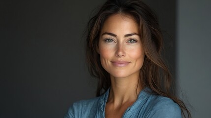 Fototapeta premium Confident woman smiling in a blue shirt. Generative AI