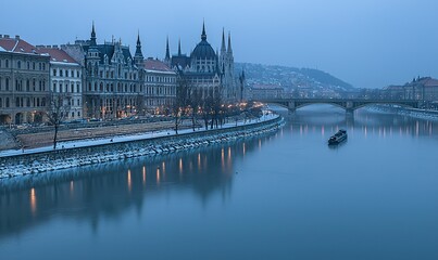 Naklejka premium Snowy Budapest cityscape at dusk Parliament, Danube River, bridge, boat
