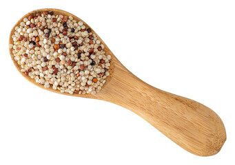 Wooden spoon filled with colorful quinoa grains, isolated on a white background, perfect for healthy eating and food photography.