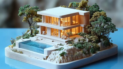 Model of a house with a swimming pool and landscaped garden for architectural design and visualization