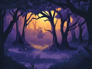 forest path at sunset, purple and orange hues, mystical atmosphere