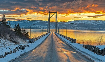 Snowy road bridge at sunset over fjord, winter landscape