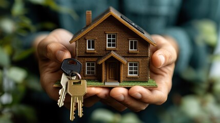 Person holding a model house and key in their hands representing home ownership concept