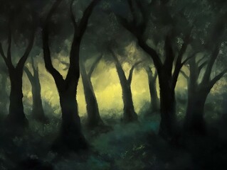 sunlit forest clearing, warm yellow light, peaceful and tranquil atmosphere