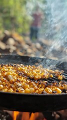 Grilled Sweet Corn on Barbecue Over Fire with Charred Kernels, Summer BBQ, Outdoor Cooking, Healthy Vegetarian Food, Smokey Flavor, Close-Up, Generative AI