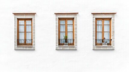 Fototapeta premium Three wooden framed windows with glass panes in a building wall showcasing natural light and architecture
