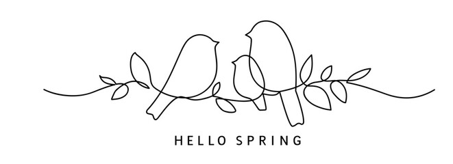 One line drawing. Abstract decorative horizontal ornament with spring forest bird family, stem and leaves. Spring Easter holiday border design element. Vector stock illustration.
