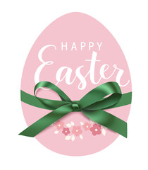 Decorative pink egg with green bow and Happy Easter lettering text. Easter sticker for spring holiday design. Vector stock illustration.	