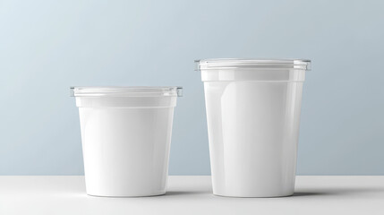 White plastic yogurt or cream cup package mockup. 3d blank yoghurt pot container with lid mock up. Empty round dairy food isolated bottle. Closed glossy yougurt packaging with clear brand label set