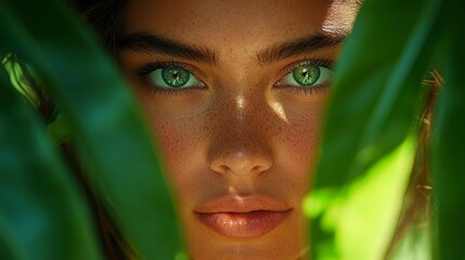 Close-up shot of a woman with vibrant eyes and natural beauty surrounded by green foliage. Generative AI
