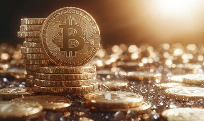 Stack of Bitcoin on Glitter Background in Golden Light