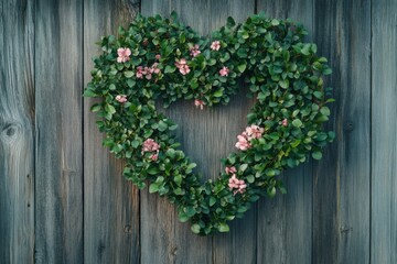 Sweet heart made from flowers and green foliage on wood background. Peace, harmony, romantic, romance, love