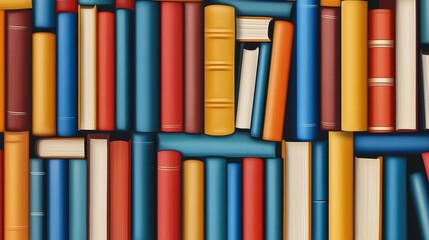 A colorful array of stacked books in a library, showcasing various sizes and colors, creating a vibrant backdrop