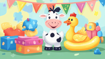 Banner of playroom with cute duck and cow, kids toys. Vector poster of kindergarten or preschool with cartoon illustration of nursery room with plush calf and yellow rubber chicken