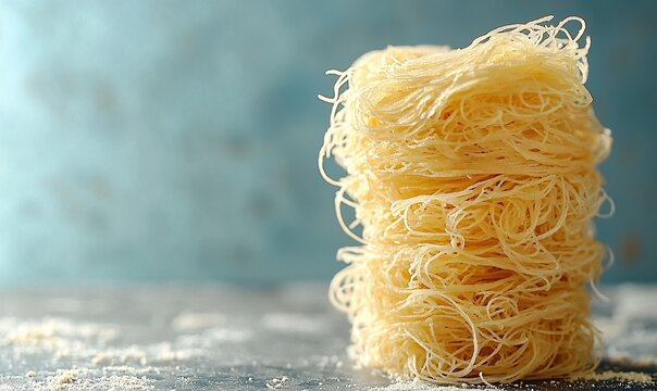 Stacked raw kataifi pastry on floured surface, blue backdrop, ready for dessert