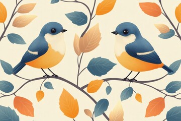 Fototapeta premium Illustration of Two Birds on Branch with Autumn Leaves