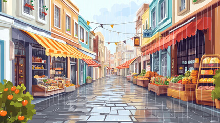 Obraz premium Traditional arabic bazaar with shops on empty city street in rain. Turkish town with market, stores with food and souvenirs at rainy autumn weather, vector cartoon illustration