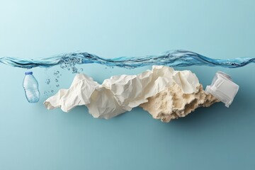 Obraz premium Water surface with plastic waste and crumpled paper, symbolizing pollution.