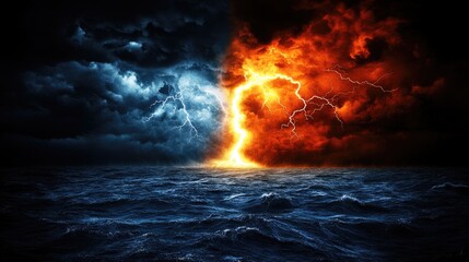 Fototapeta premium Lightning Splitting the Sky Between Stormy Waters and Fiery Horizon in Dramatic Scene