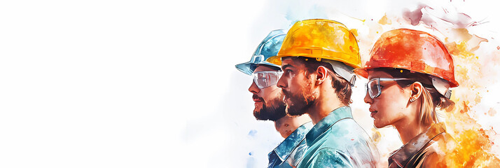  Close-up watercolor painting of a diverse group of workers on a white background, symbolizing unity and hard work, perfect for International Labor Day celebrations.