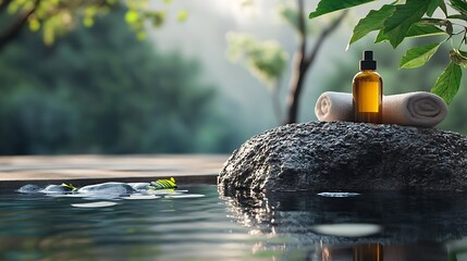 Naklejka premium Serene Spa Essence: Amber Bottle, Towels, and Tranquil Water
