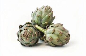 Fototapeta premium Pile of three artichokes isolated on a white background