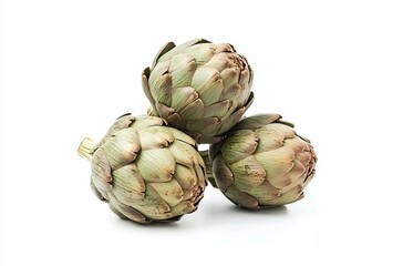 Fototapeta premium Pile of three artichokes isolated on a white background