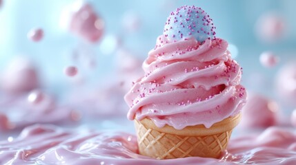 Fototapeta premium Ice cream swirl with pastel colors and floating sprinkle sphere. Generative AI