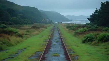 Fototapeta premium Serene Coastal Railway: An Overgrown Railway Track Leading to the Sea